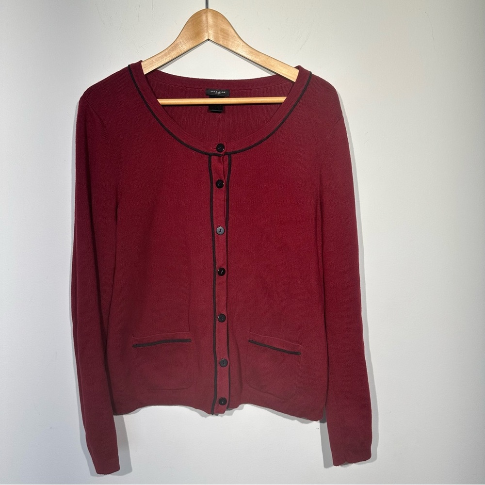 ANN TAYLOR Womens Button Front Cotton Knit Cardigan Burgundy Red With Pockets L